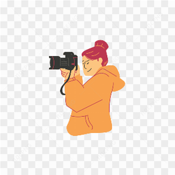 FEMALE PHOTOGRAPHER IN ORANGE SIDE SHOT