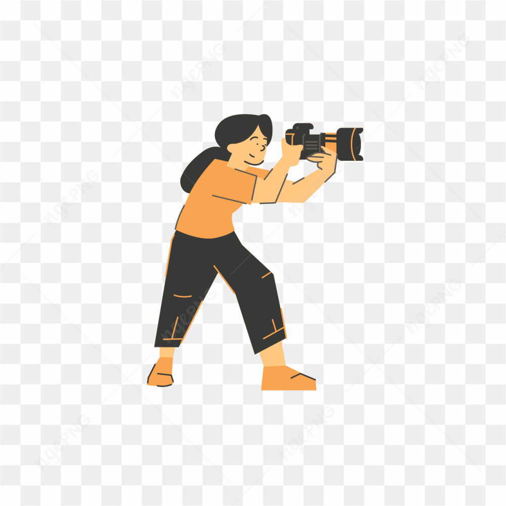 FEMALE PHOTOGRAPHER IN ORANGE TOP AND BLACK PANTS 