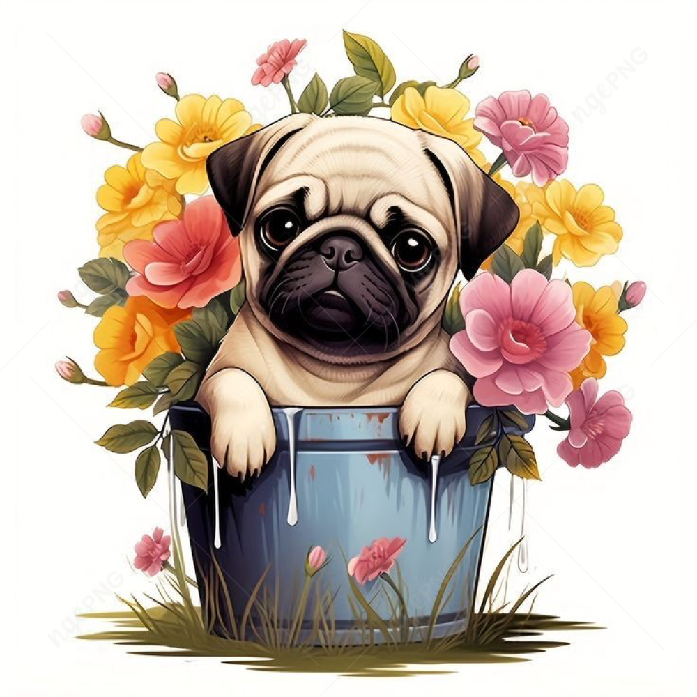 Pug in a bucket with flowers