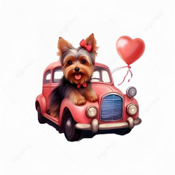 Yorkie on a pink car