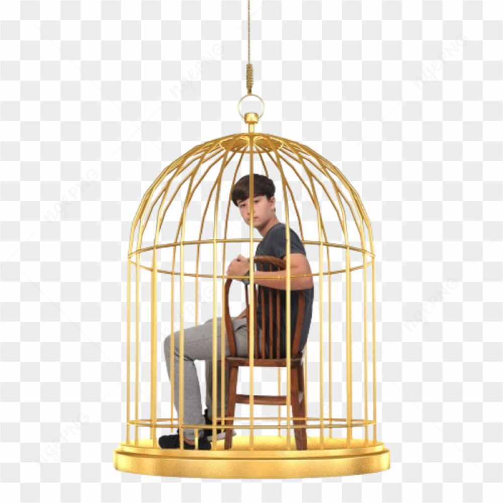 Boy teen in golden cage on transparent PNG