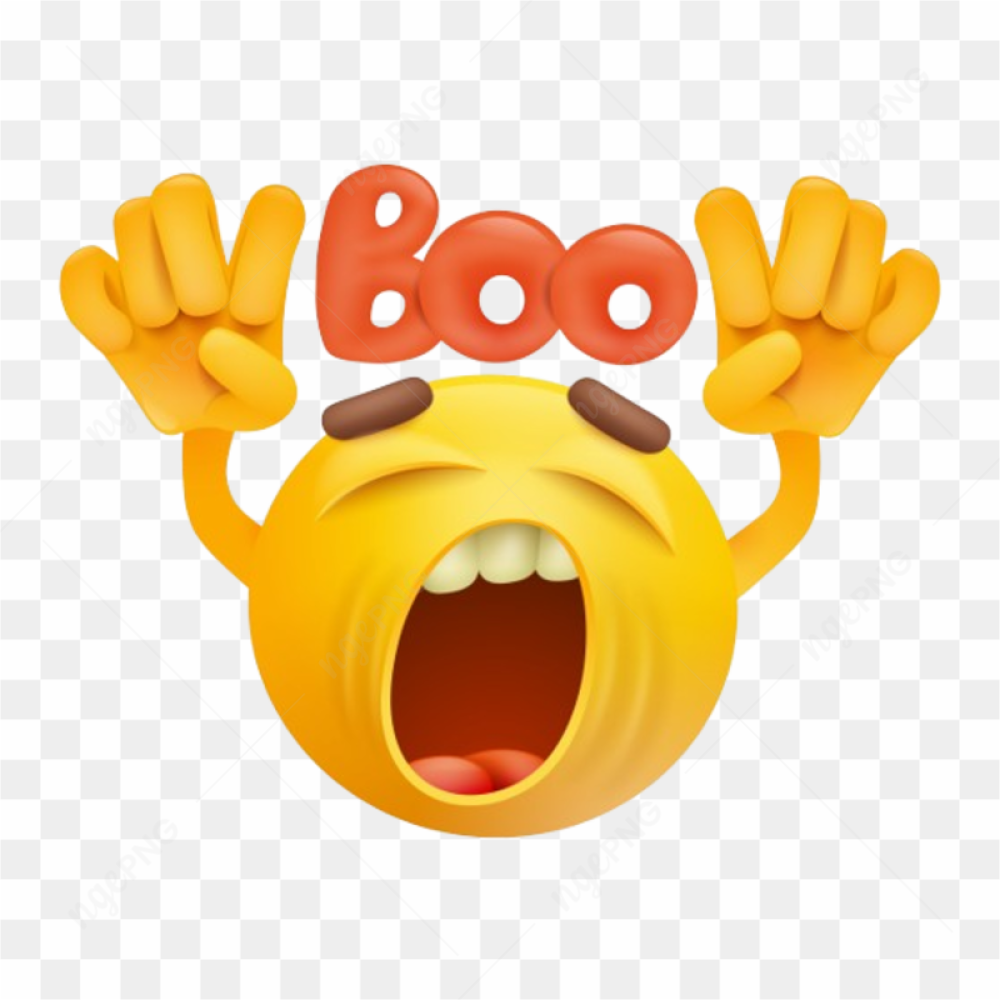 Round smiley face emoji making boo gesture on transparent PNG
