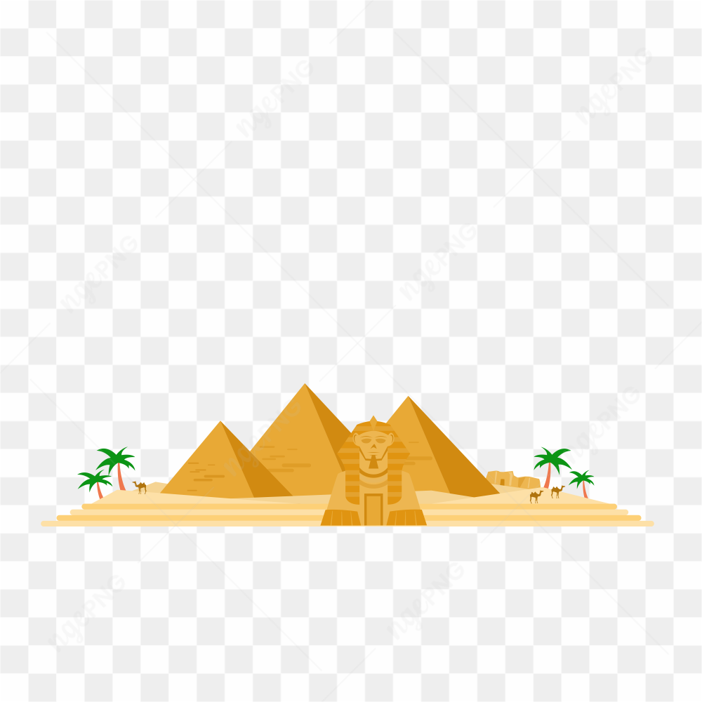 Desert landscape with Egyptian pyramids and camels on transparent background PNG